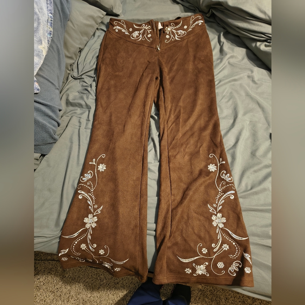 5/$20 SHEIN Brown Suede-Look Embroidered Boot Cut Pants